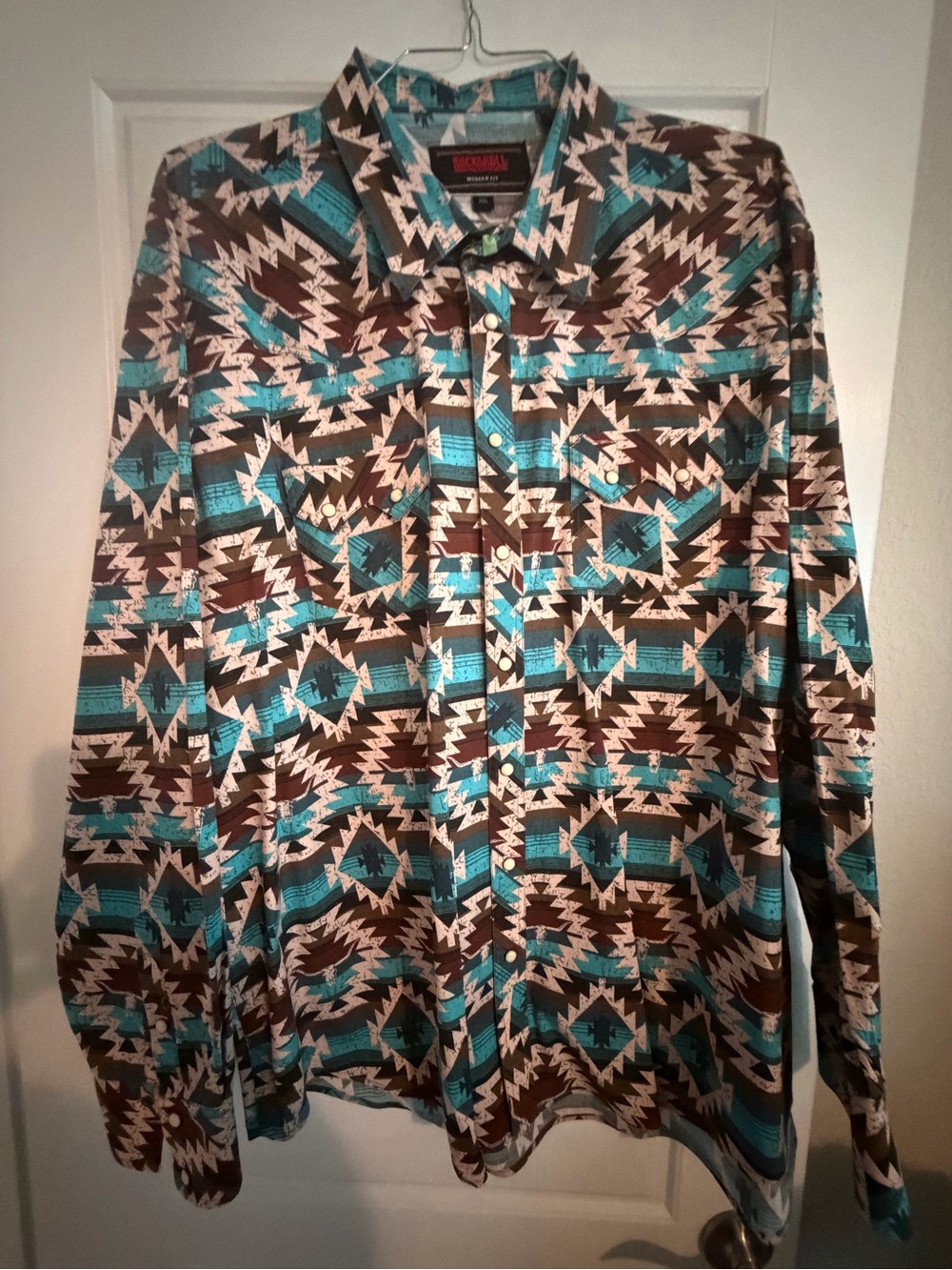 Men's Aztec-Pattern Button-Down Shirt - Turquoise, Brown & Cream